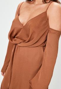 plus-size-brown-satin-cold-shoulder-wrap-dress 2.jpg