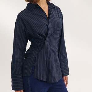 Carmella Rose - Lounge [2025] Asymmetric Shirt (Navy Pinstripe) 2.NavyShirt.jpg