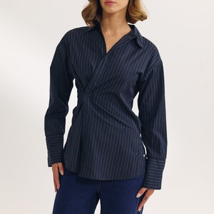 Carmella Rose - Lounge [2025] Asymmetric Shirt (Navy Pinstripe) 3.NavyShirt.jpg