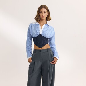 Carmella Rose - Lounge [2025] Long-Sleeved Corset Shirt (Blue) 1StripeBlueShirt.jpg