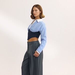 Carmella Rose - Lounge [2025] Long-Sleeved Corset Shirt (Blue) 3StripeBlueShirt.jpg