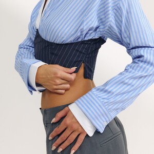 Carmella Rose - Lounge [2025] Long-Sleeved Corset Shirt (Blue) 4StripeBlueShirt.jpg